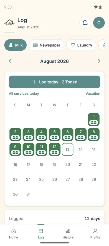 The milk calendar for August, logged twice a day, with tabs along the top for newspaper, laundry and water